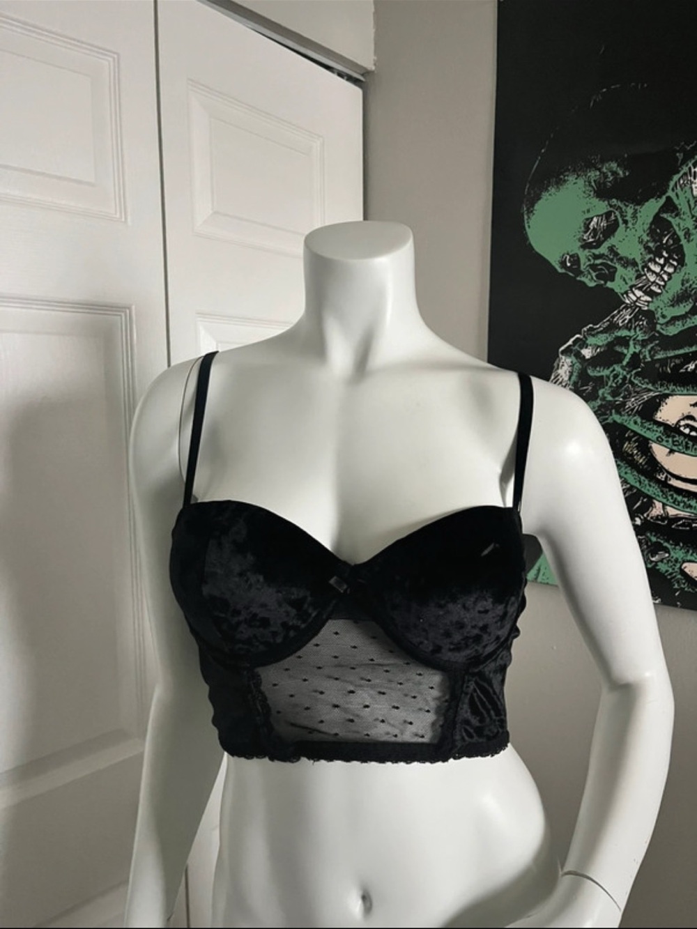 Forever 21 Black Velvet & Sheer Dot Longline Bralette